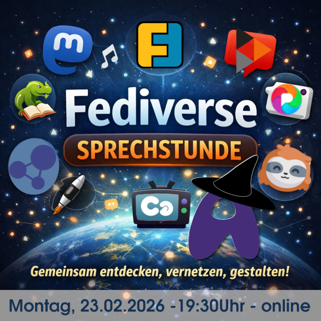 In der Mitte steht der Schriftzug „Fediverse Sprechstunde“, umgeben von vernetzten Symbolen verschiedener Fediverse-Dienste. Leuchtende Verbindungslinien und ein digitaler Globus im Hintergrund visualisieren das dezentrale, miteinander verbundene soziale Netzwerk. Der Fokus liegt auf Austausch, Vernetzung und gemeinsamer Gestaltung des Fediverse.